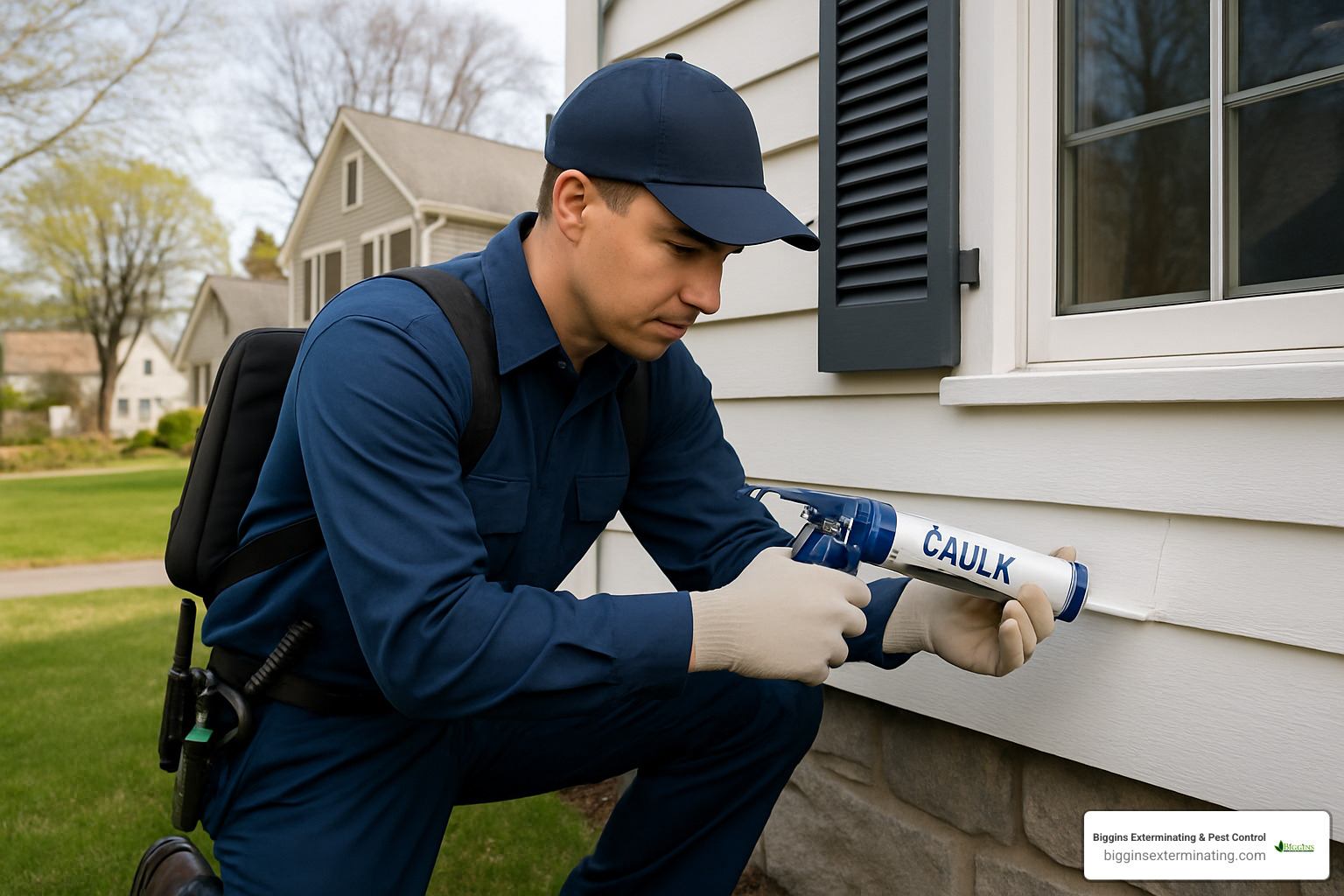 pest control technician sealing entry point - exterminator lexington ma