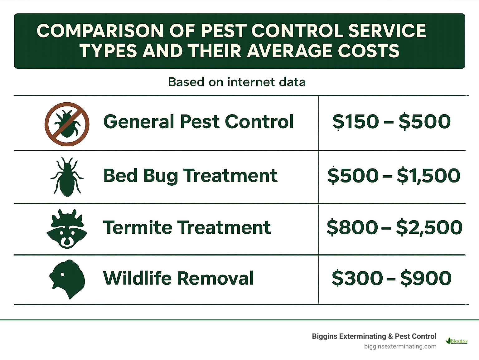 Comparison of pest control service types and their average costs based on internet data - exterminator lexington ma infographic 