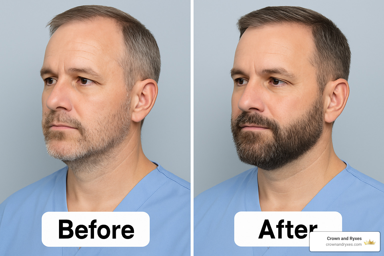 Before and after comparison of successful patchy beard transplant - patchy beard transplant