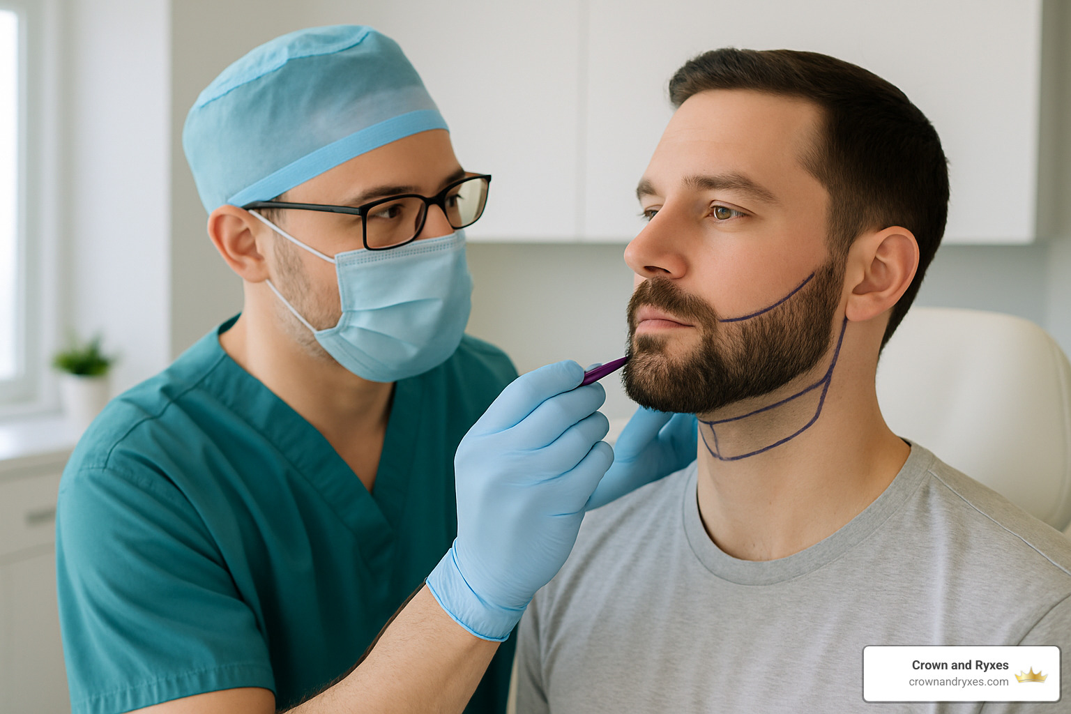 surgeon drawing beard outline - patchy beard transplant