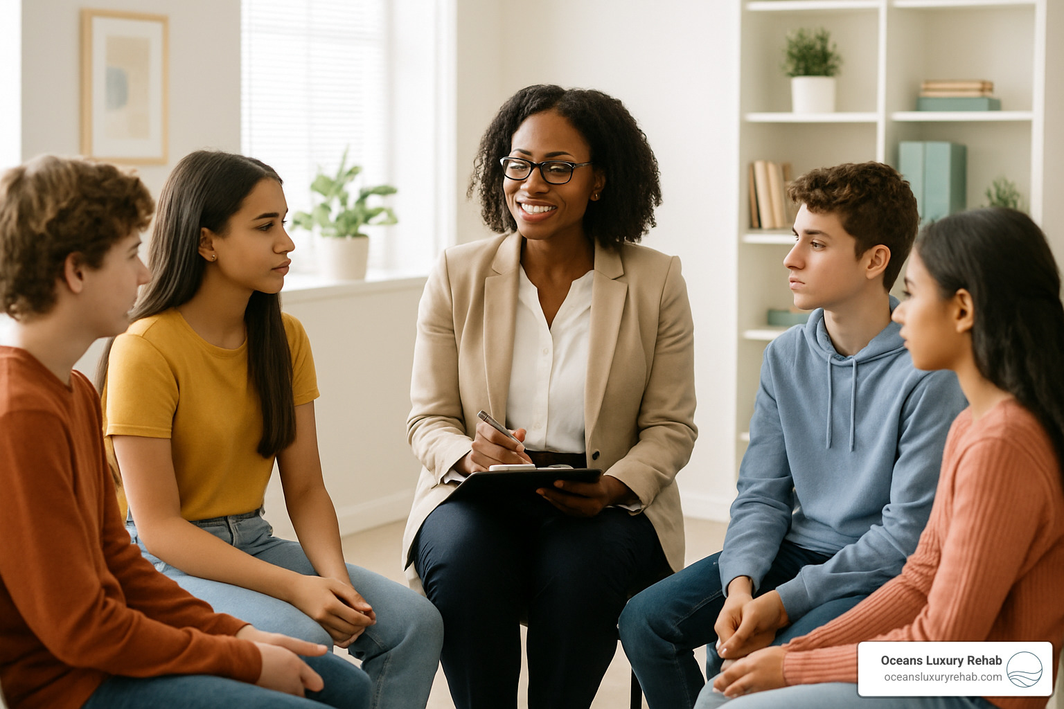 Therapist working with adolescents in a group therapy session - adolescent partial hospitalization program
