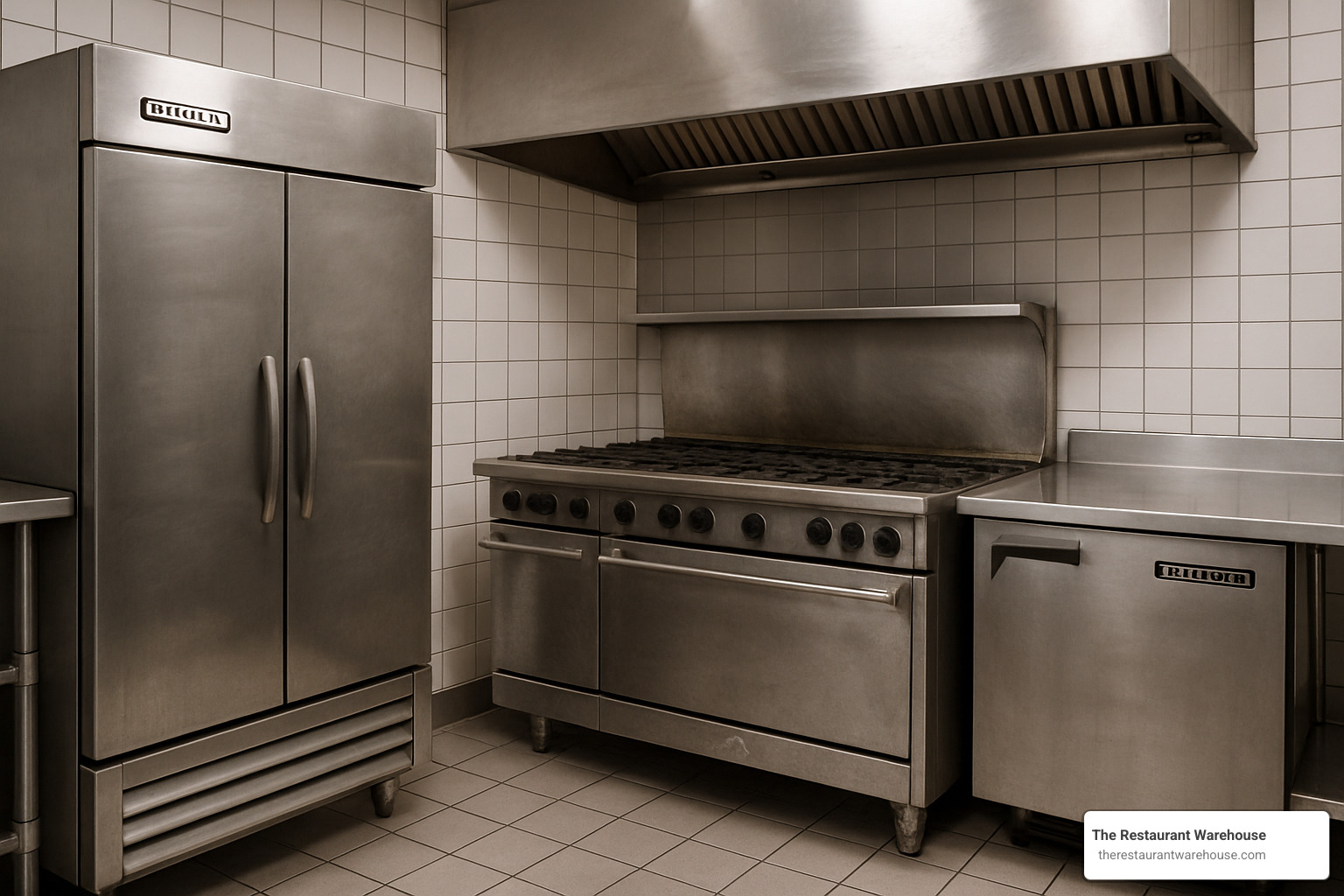 Commercial kitchen with used range and refrigeration - used food equipment