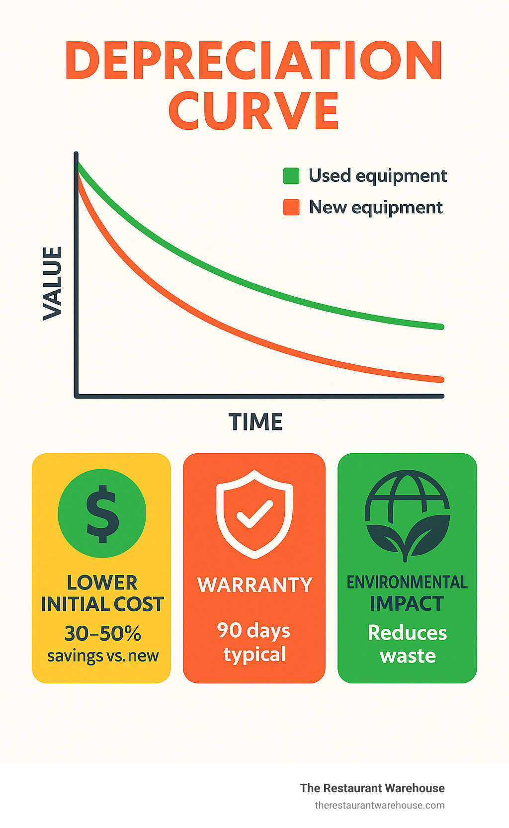 Depreciation curve showing how used food equipment retains value better than new, with comparison of initial costs, warranties, and environmental impact between new and used commercial kitchen equipment - used food equipment infographic 