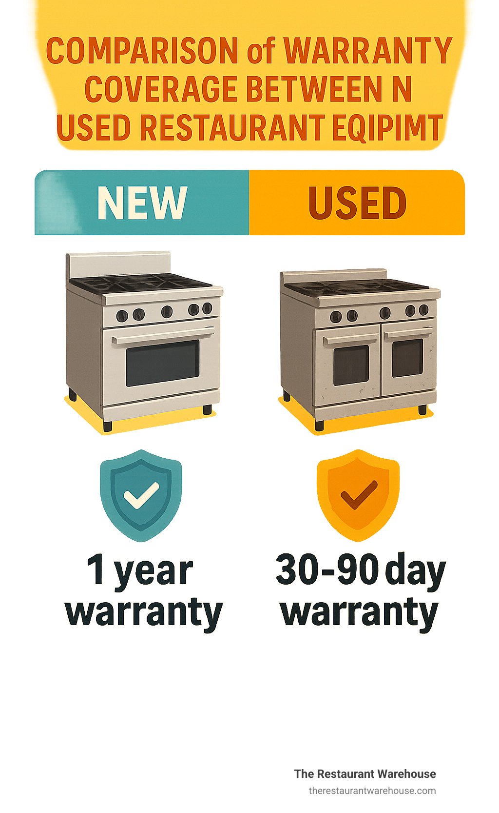 Comparison of warranty coverage between new and used restaurant equipment - used food equipment infographic 