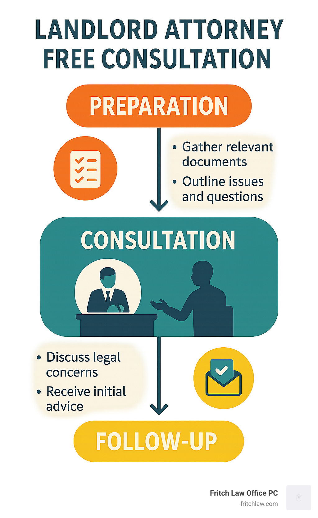 Flowchart showing the landlord attorney free consultation process including preparation, consultation, and follow-up steps - landlord attorney free consultation infographic
