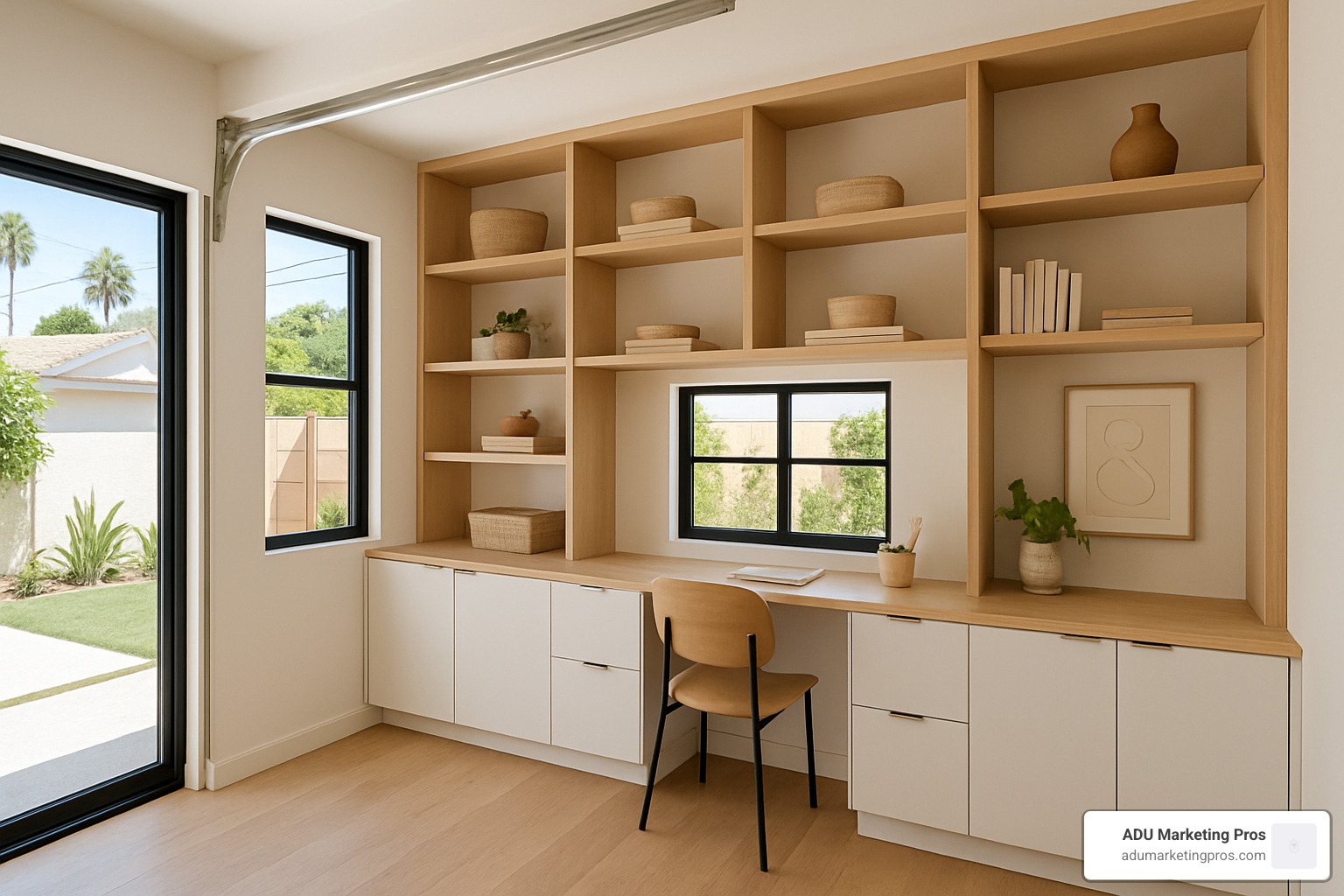 built-in storage wall with desk and shelving in converted garage - Garage conversion Los Angeles