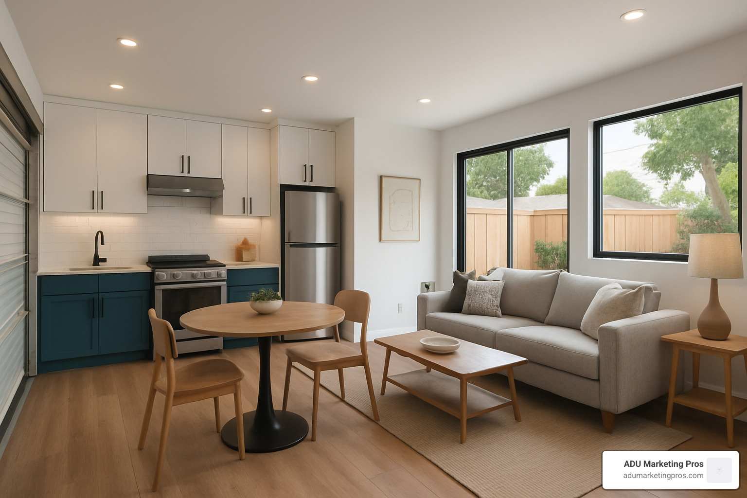 modern converted garage interior with kitchen and living space - Garage conversion Los Angeles