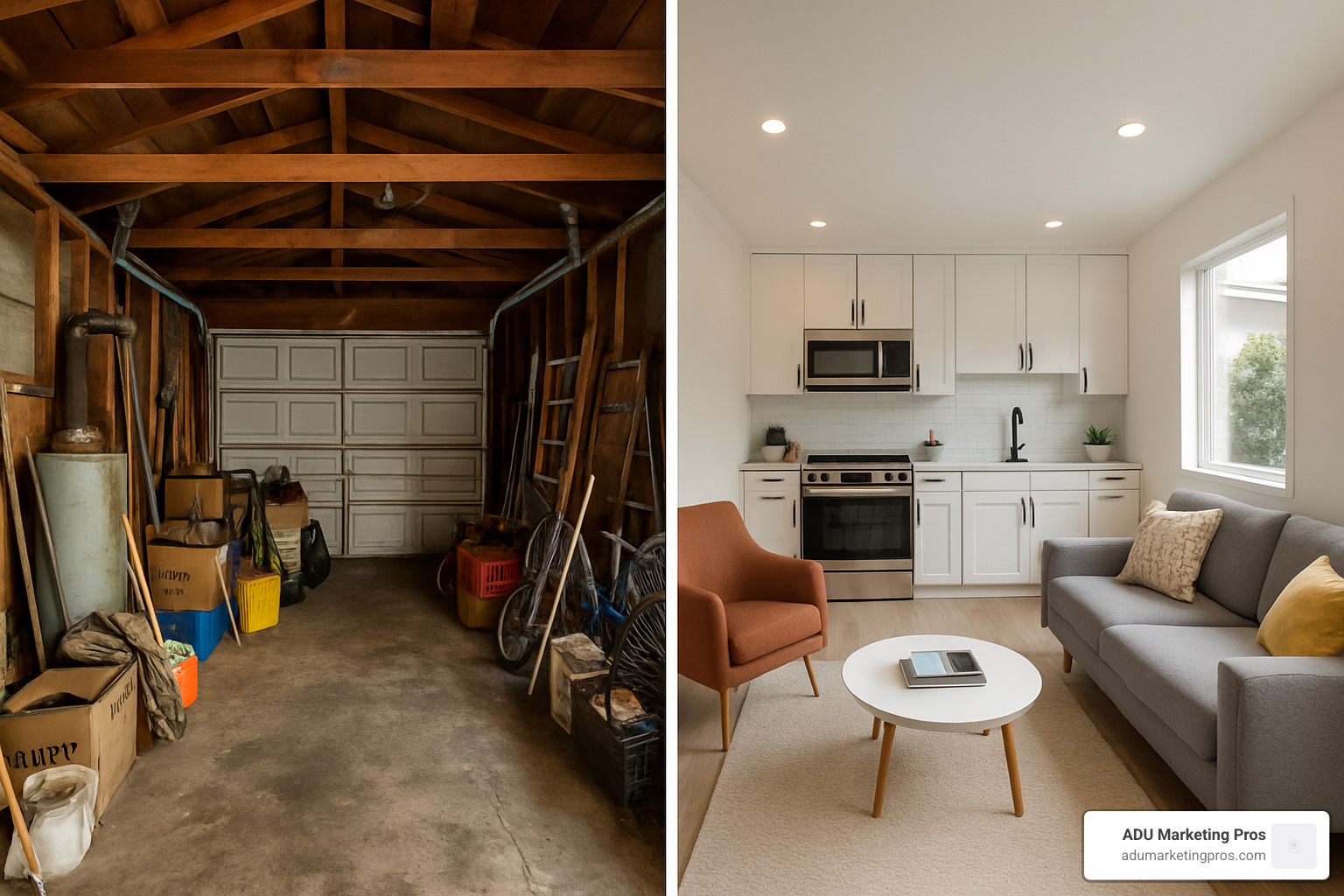 comparison of converted garage interior before and after renovation - Garage conversion Los Angeles