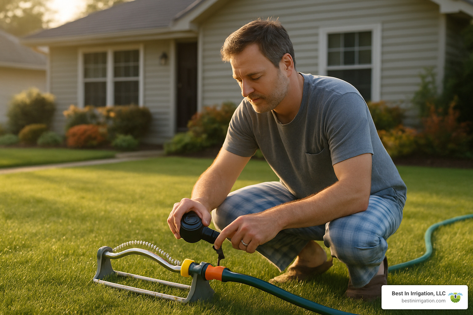 53c9dc83c0ccd1049d28c972b28544c750c78e71 Lawn Sprinklers with a Twist: Cool Designs for Your Yard Homeowner setting up a traditional sprinkler with manual timer in early morning - cool lawn sprinklers