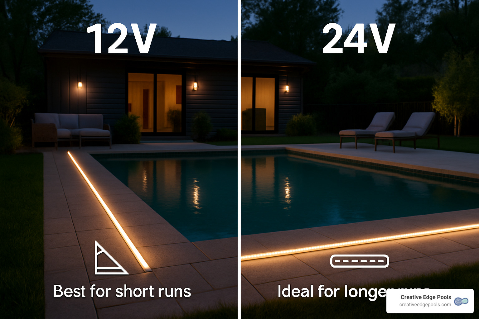LED strip voltage comparison showing 12V vs 24V installation benefits - how to install led strip lights for pools and waterfalls