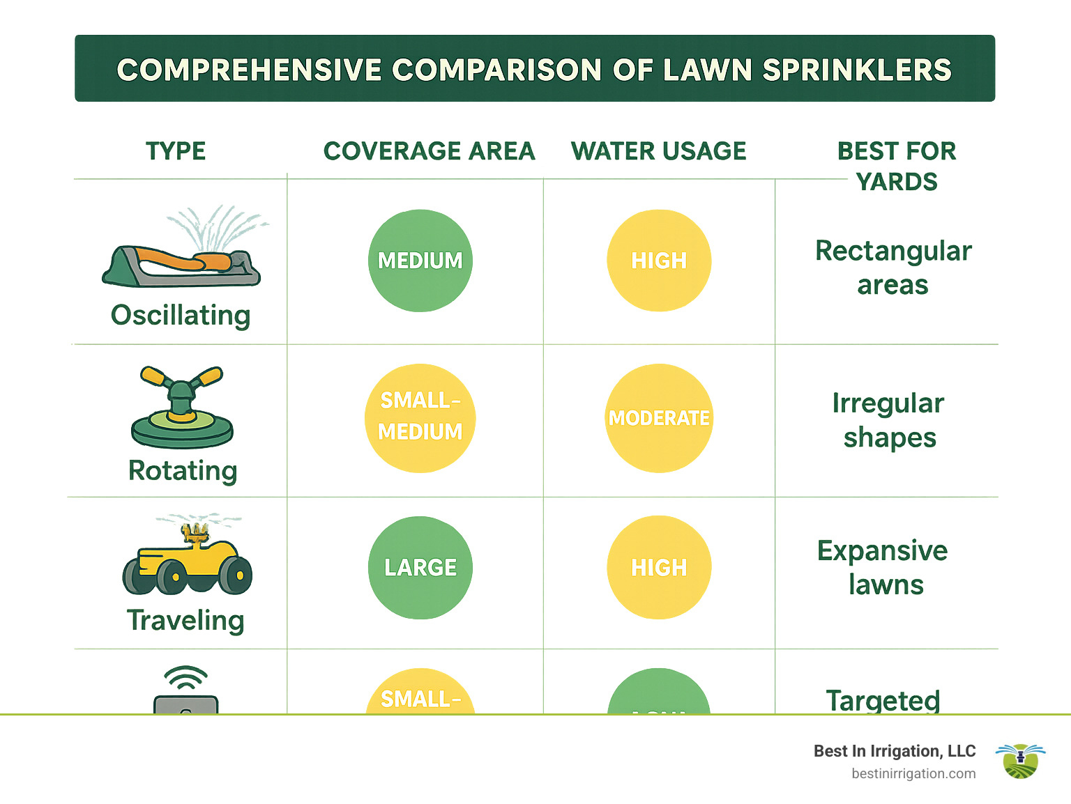 b00d7594bd9ba95c821485030b9834bd878bea10 Lawn Sprinklers with a Twist: Cool Designs for Your Yard Comprehensive comparison of lawn sprinkler types showing coverage area, water usage, and best yard applications for oscillating, rotating, traveling, and smart sprinklers, with icons representing each type and color-coded efficiency ratings - cool lawn sprinklers infographic