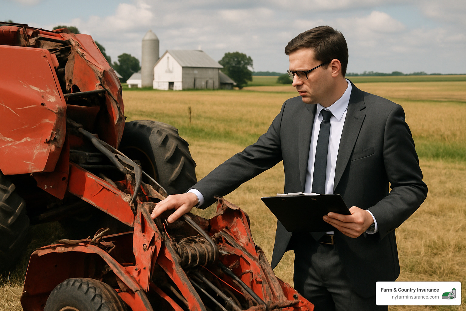 insurance adjuster examining damaged farm equipment - agribusiness insurance