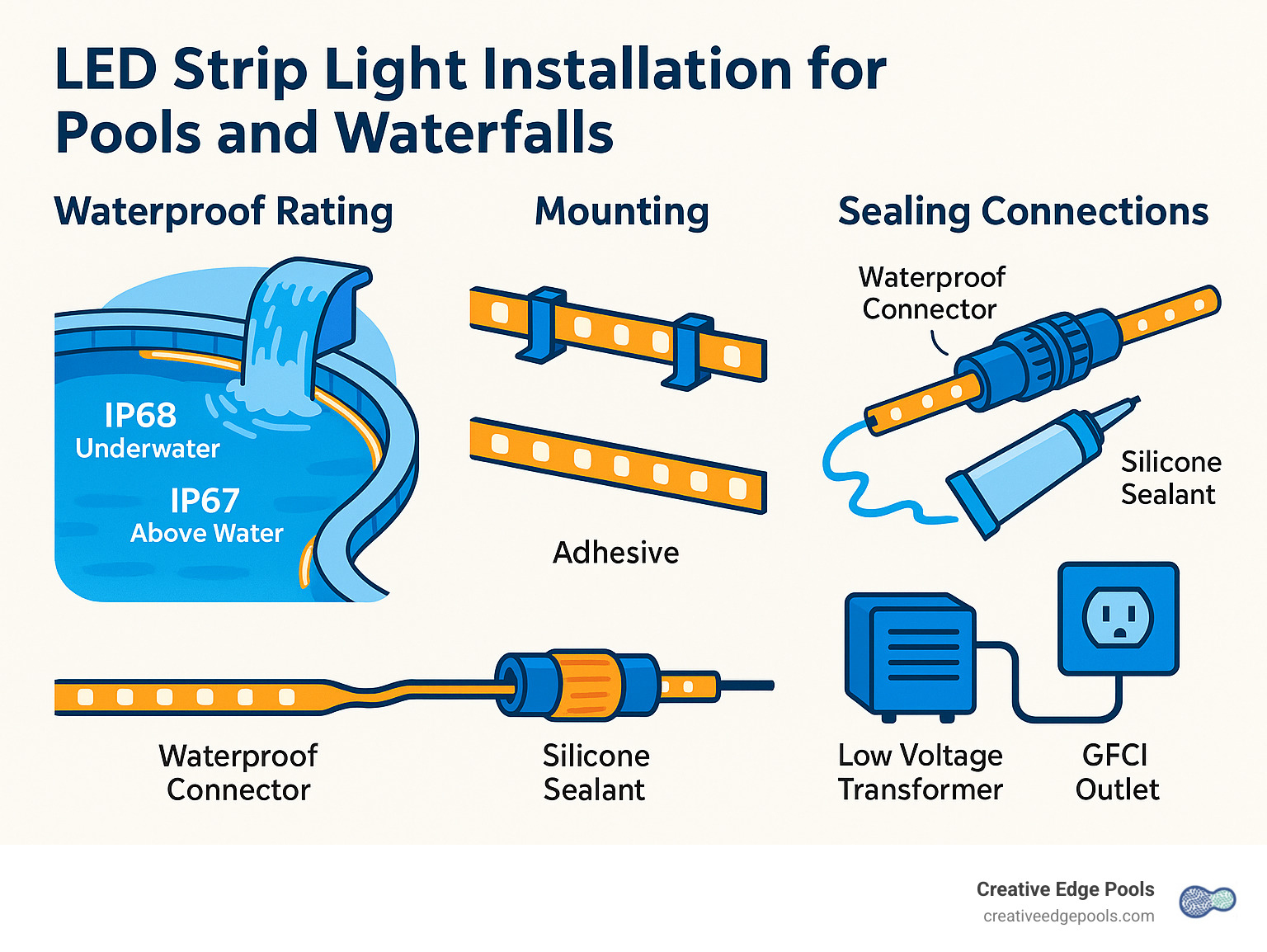 LED strip light installation process showing waterproof rating requirements, mounting techniques, connection sealing methods, and power supply setup for pool and waterfall applications - how to install led strip lights for pools and waterfalls infographic