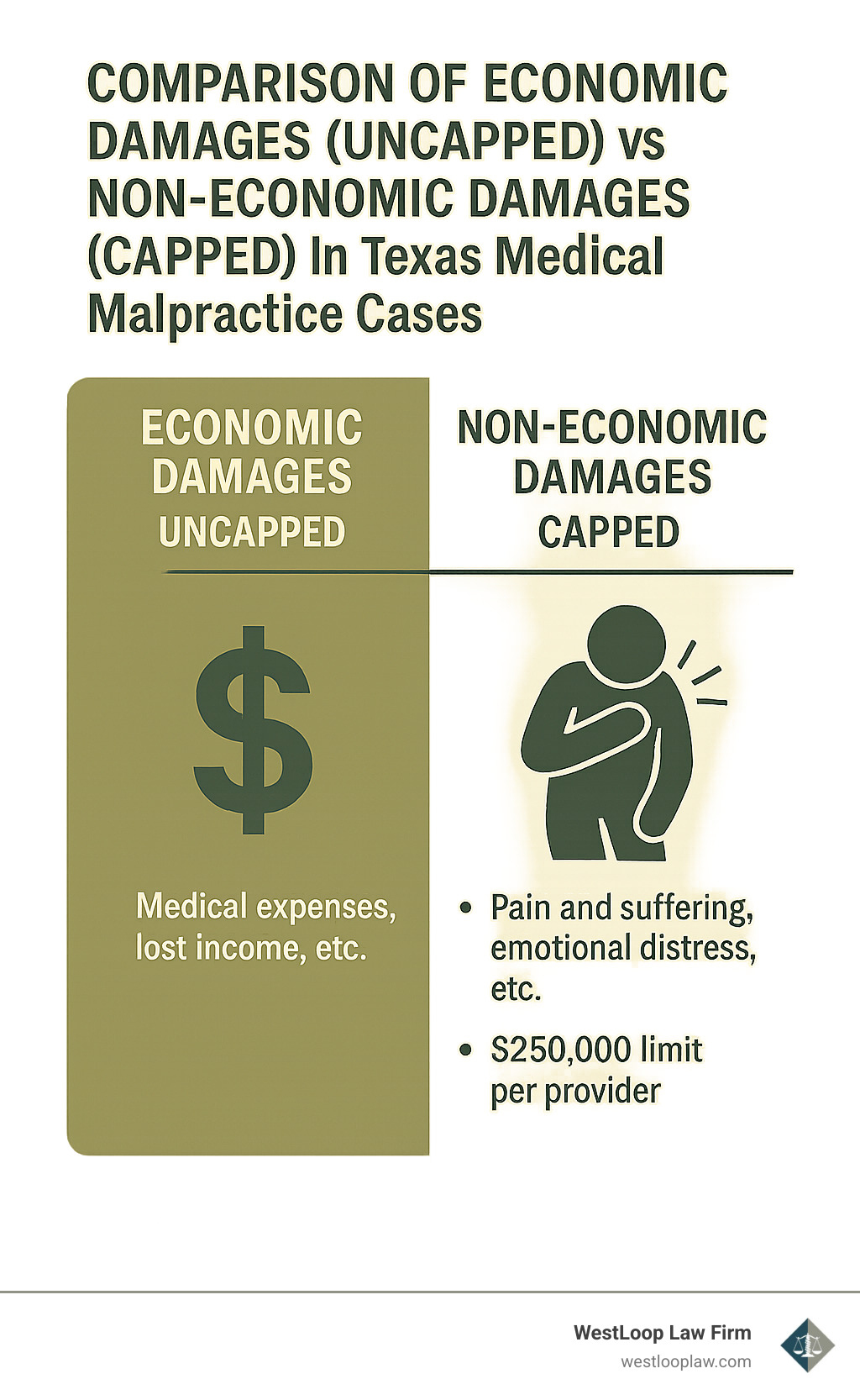 Comparison of economic damages (uncapped) versus non-economic damages (capped) in Texas medical malpractice cases - Hospital malpractice attorney Houston infographic 