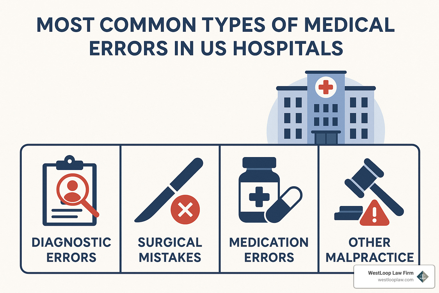 Medical error types chart showing diagnostic errors, surgical mistakes, medication errors, and other common malpractice scenarios - Hospital malpractice attorney Houston
