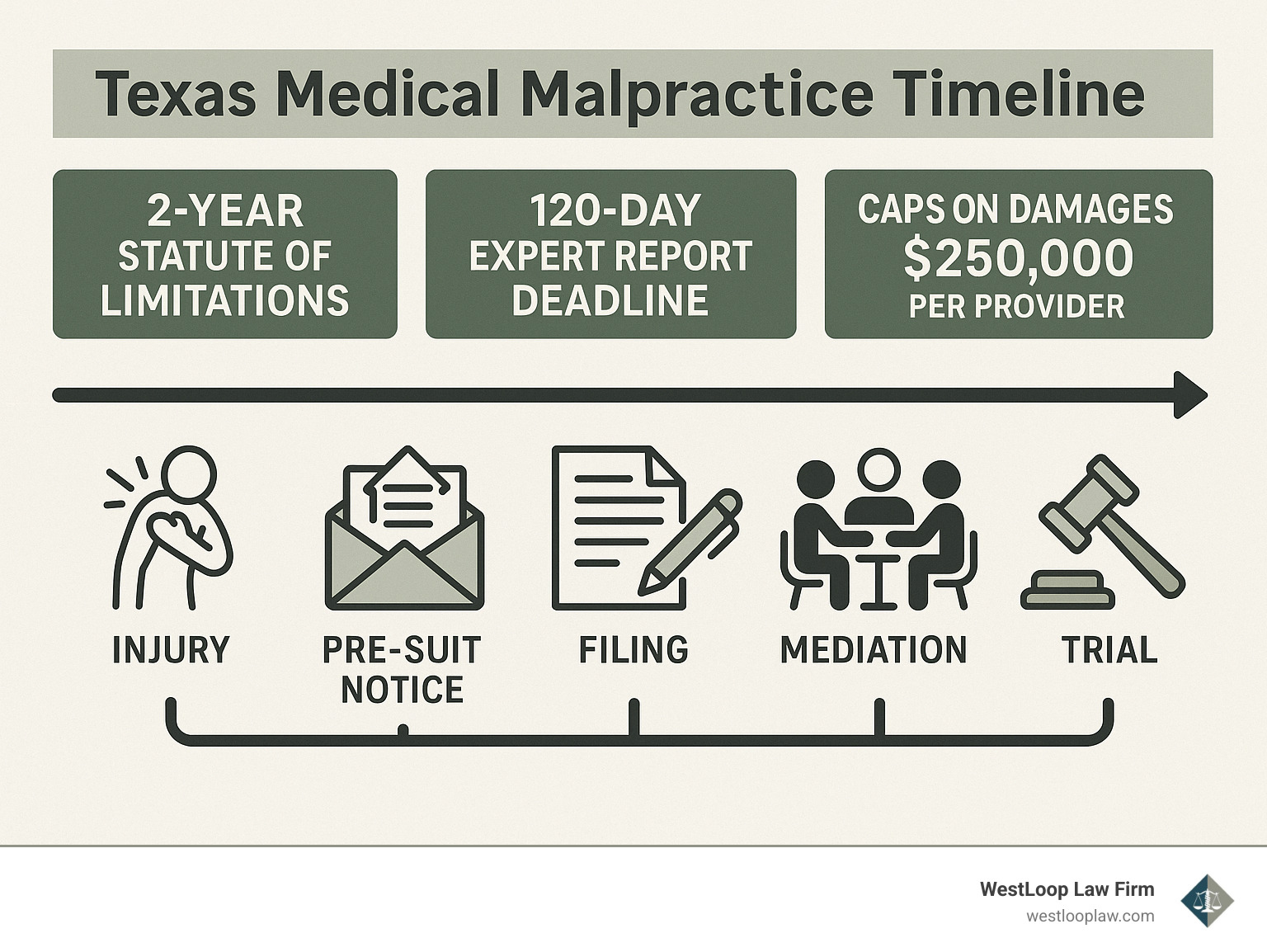 Texas medical malpractice timeline showing the 2-year statute of limitations, 120-day expert report deadline, caps on damages at $250,000 per provider, and the legal process from injury through pre-suit notice, filing, findy, mediation, and potential trial - Hospital malpractice attorney Houston infographic 