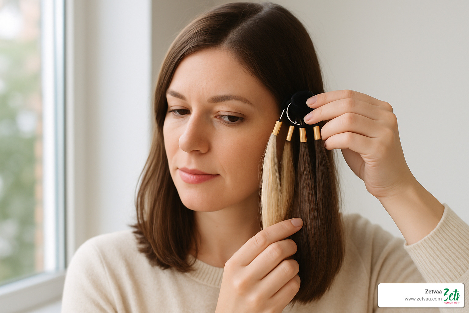Woman comparing hair extension color swatches to her natural hair - Affordable Hair Extensions