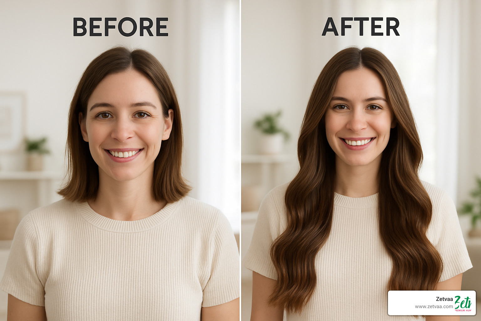 Before and after photos of customer wearing affordable hair extensions - Affordable Hair Extensions
