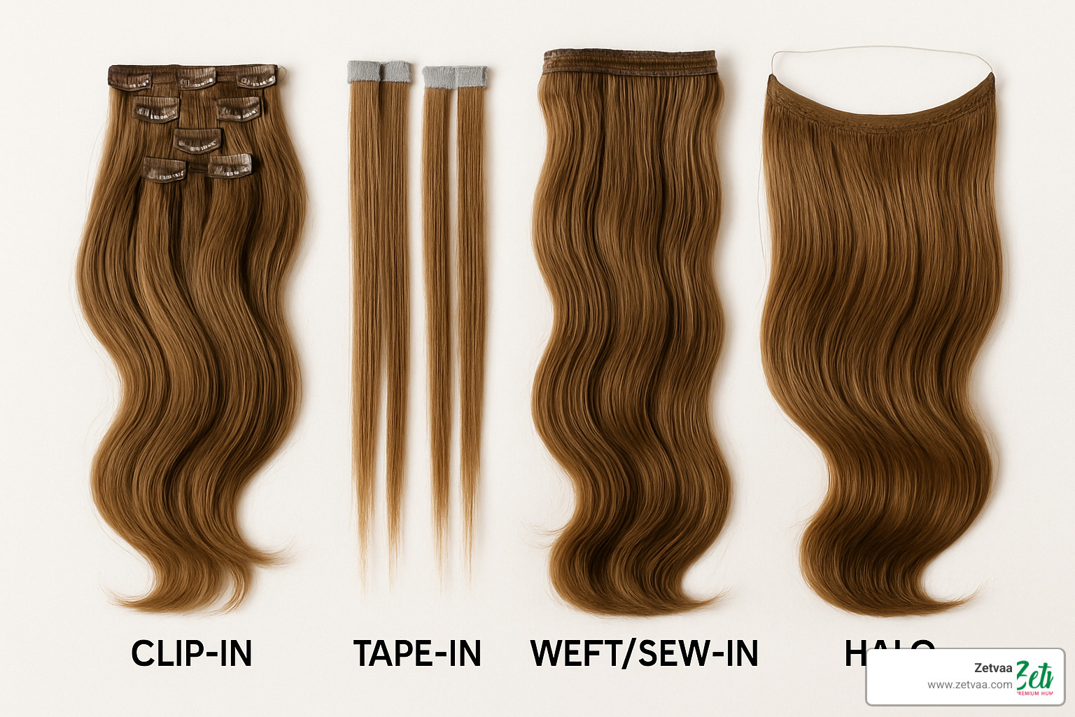 Different types of hair extensions laid out showing clips, tape, wefts and halo styles - Affordable Hair Extensions