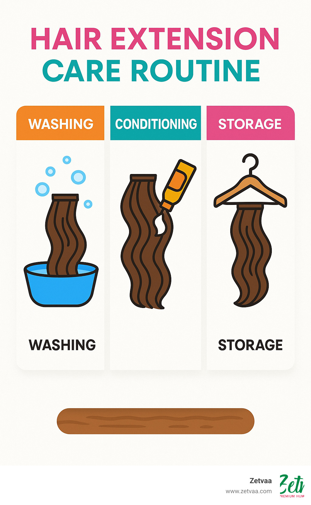 Hair extension care routine showing washing, conditioning, and storage steps - Affordable Hair Extensions infographic 