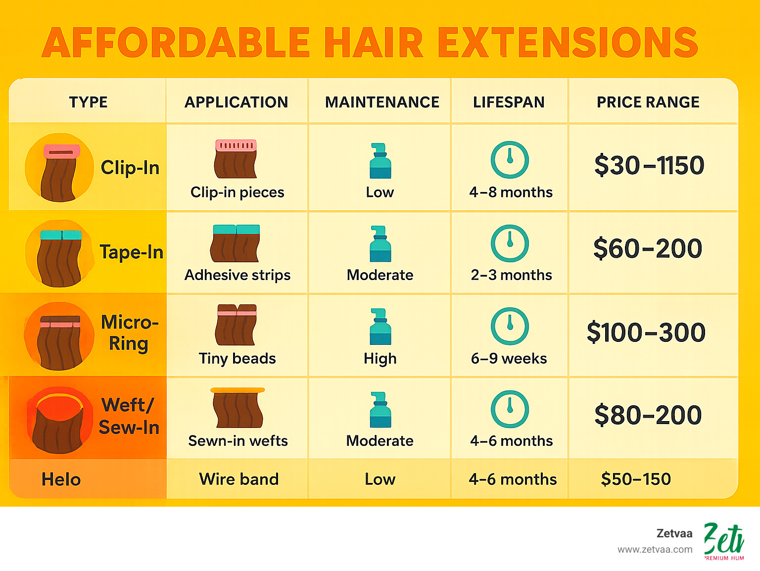 Comparison chart of hair extension types showing application methods, maintenance requirements, lifespan, and price ranges for different extension types - Affordable Hair Extensions infographic 