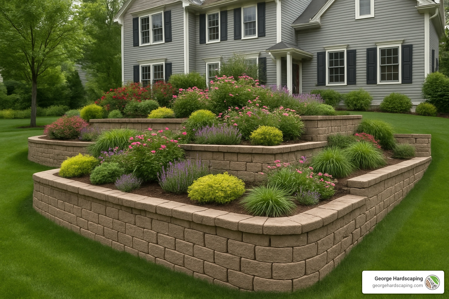 completed multi-level retaining wall project with landscaping - Retaining Wall Builder