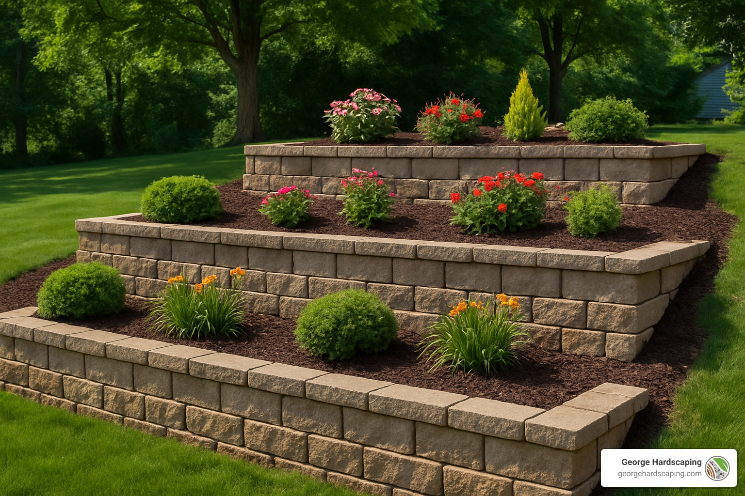 multi-tiered retaining wall with landscaping - Retaining Wall Builder