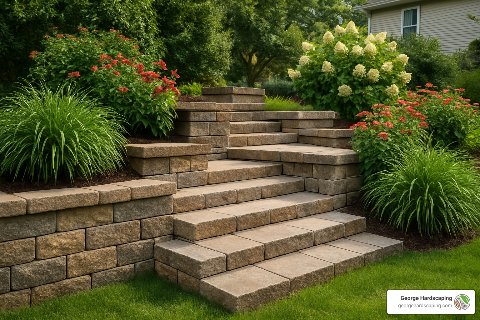 retaining wall with integrated steps and plantings - Retaining Wall Builder