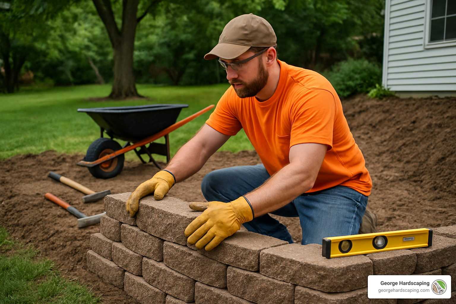 professional retaining wall builder working on a stone wall - Retaining Wall Builder