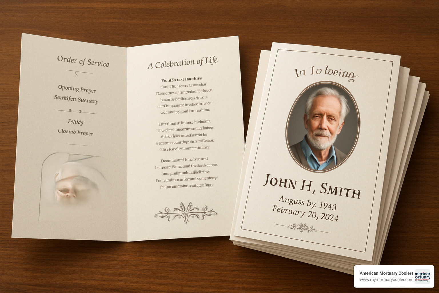 Different funeral folder formats showing bifold, trifold, gatefold and booklet styles - funeral folders
