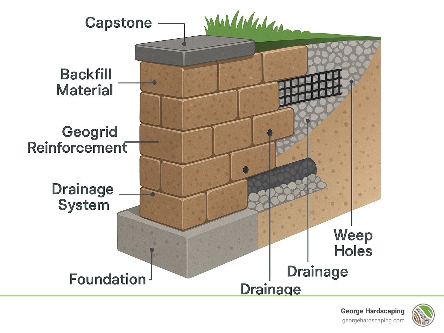 Anatomy of a retaining wall showing key components: foundation, drainage system, geogrid reinforcement, backfill material, capstone, and weep holes - Retaining Wall Builder infographic 