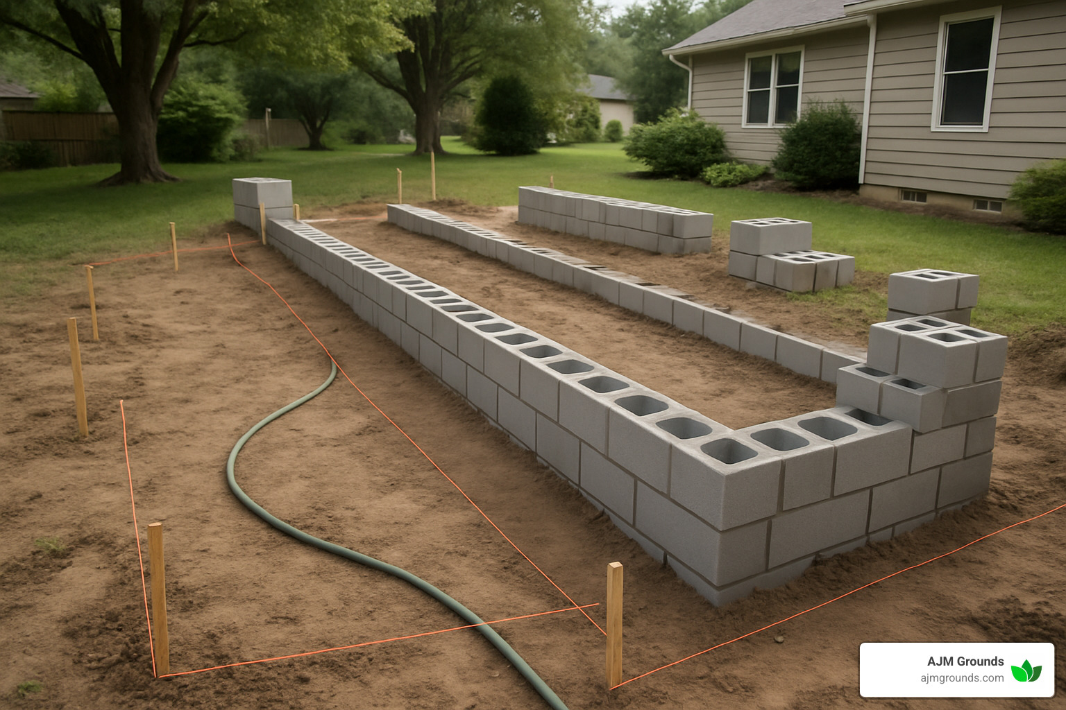 Block Wall Installation Done Right (Without Breaking Your Back) site layout for block wall installation with stakes and string - block wall installation