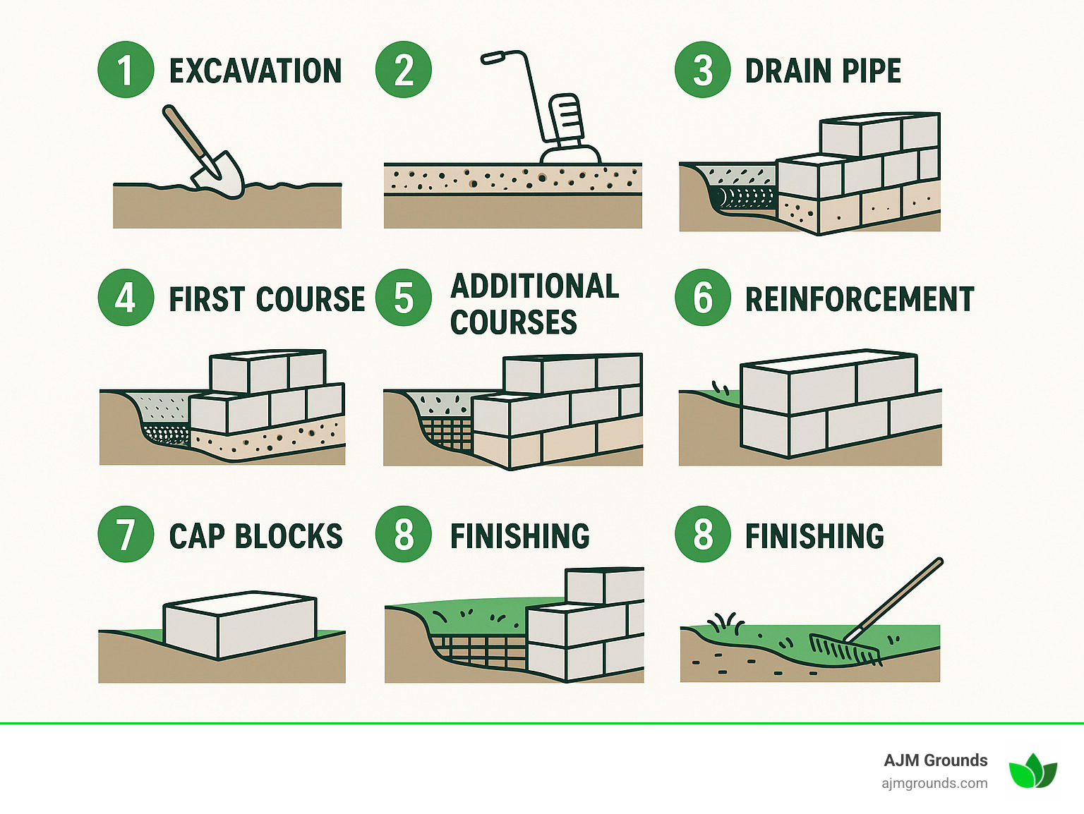 Block Wall Installation Done Right (Without Breaking Your Back) 8-step block wall installation process from excavation to finishing - block wall installation infographic