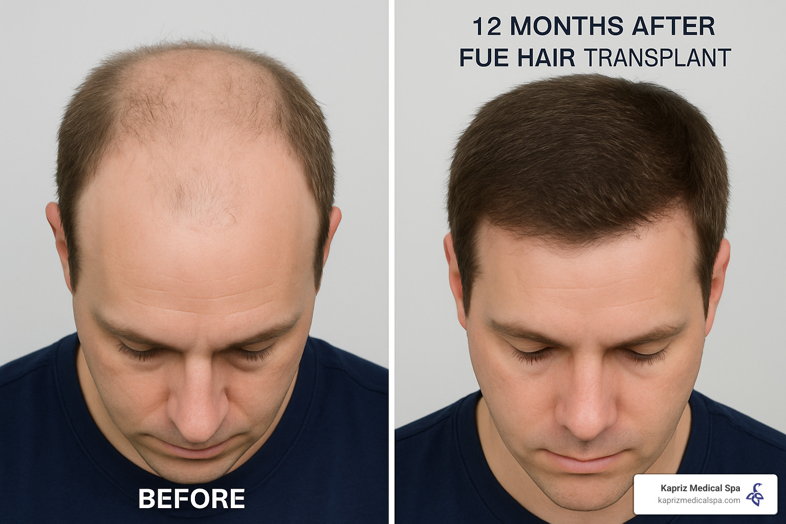 Hair transplant results showing before and after at 12 months - fue hair transplant jacksonville fl
