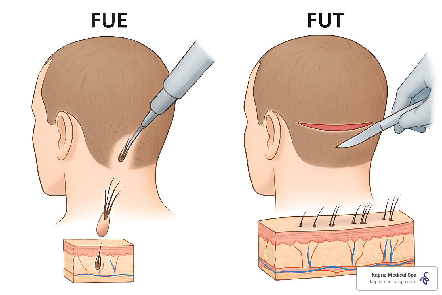FUE vs FUT graft comparison showing individual follicular units versus strip method - fue hair transplant jacksonville fl