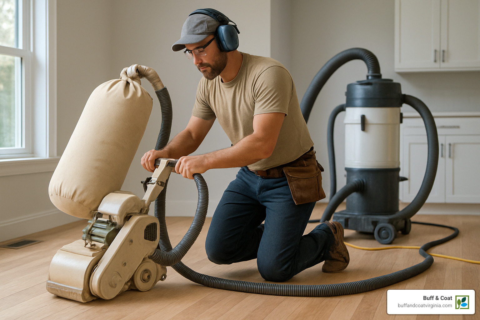 craftsman using vac-assisted sander - local hardwood floor company