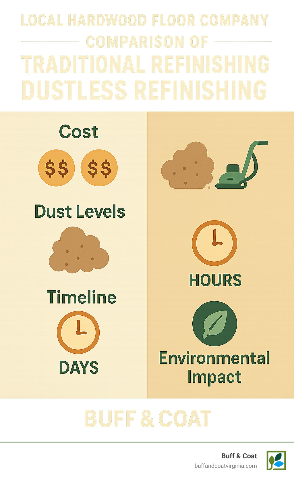 Comparison of traditional refinishing vs dustless refinishing showing costs, dust levels, timeline, and environmental impact - local hardwood floor company infographic