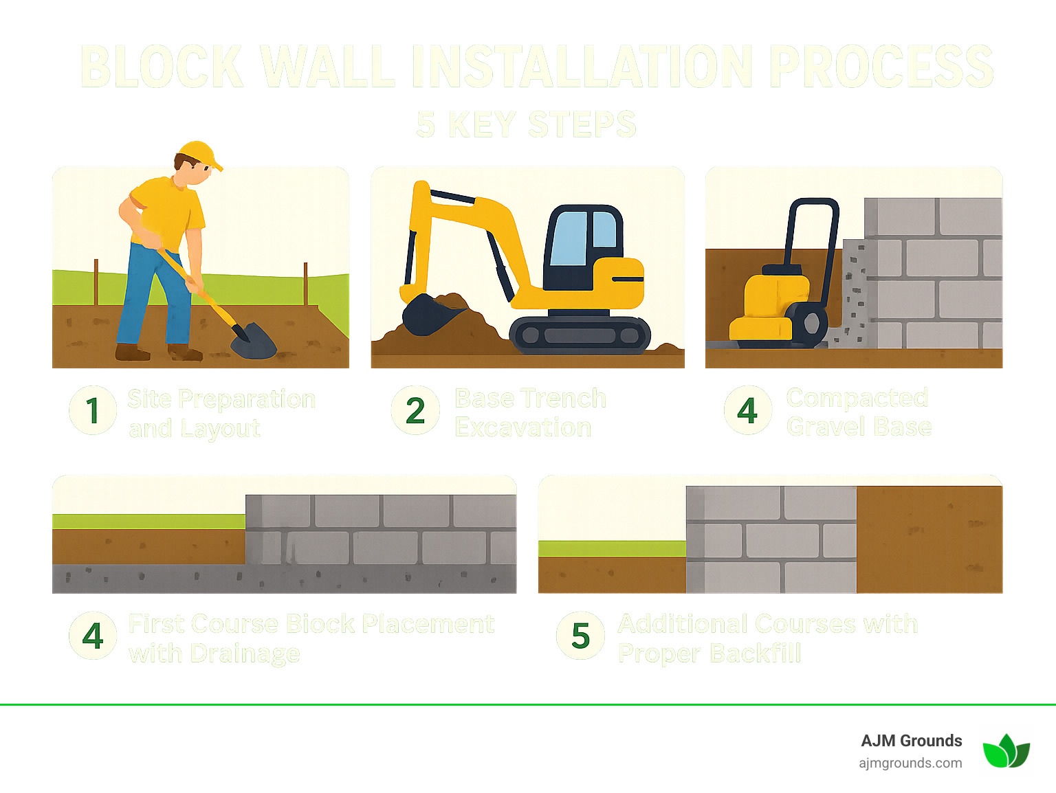 Block Wall Installation Done Right (Without Breaking Your Back) Block wall installation process showing 5 key steps: 1) Site preparation and layout 2) Base trench excavation 3) Compacted gravel base installation 4) First course block placement with drainage 5) Additional courses with proper backfill - block wall installation infographic