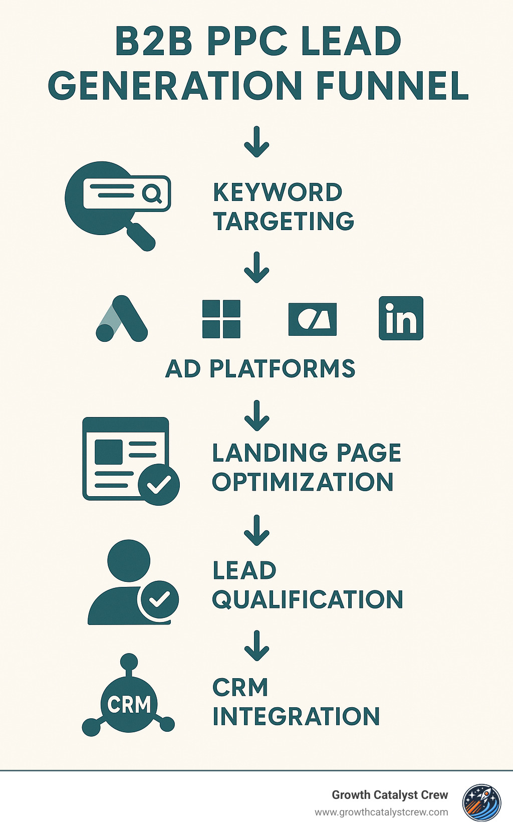 B2B PPC lead generation funnel showing keyword targeting, ad platforms, landing page optimization, lead qualification, and CRM integration - ppc b2b lead generation infographic