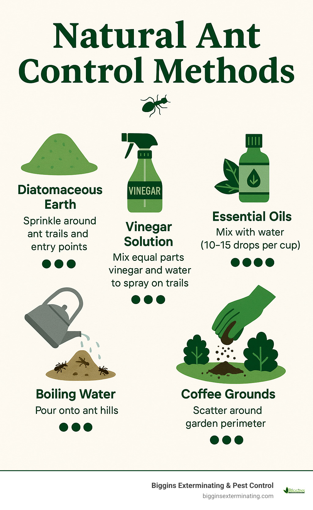 Natural Ant Control Methods showing diatomaceous earth application, vinegar spray bottles, essential oil applications, boiling water being poured on ant hills, and coffee grounds being spread around garden perimeter, with effectiveness ratings and application instructions for each method - natural ant control outside infographic 