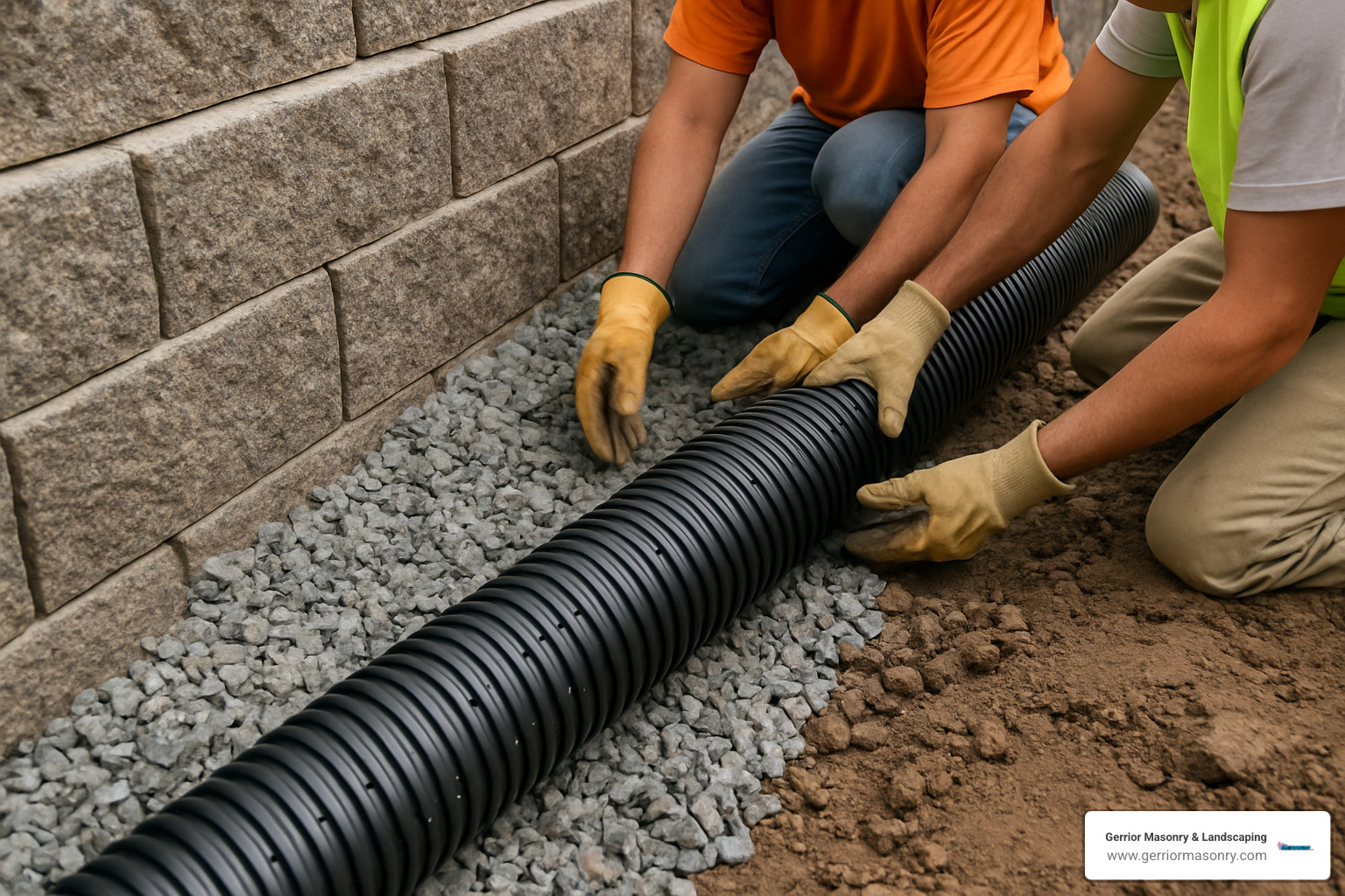retaining wall drain pipe being installed at base of wall - retaining wall drain pipe installation