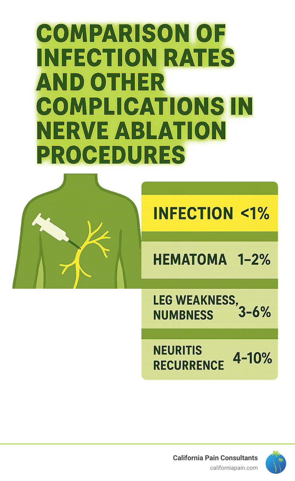 Comparison of infection rates and other complications in nerve ablation procedures - nerve ablation side effects infographic 
