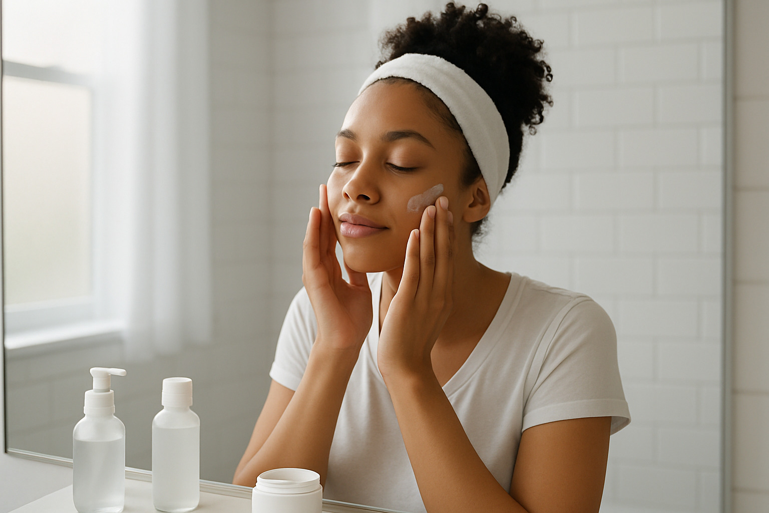 person practicing mindful skincare routine - Beauty and mental health