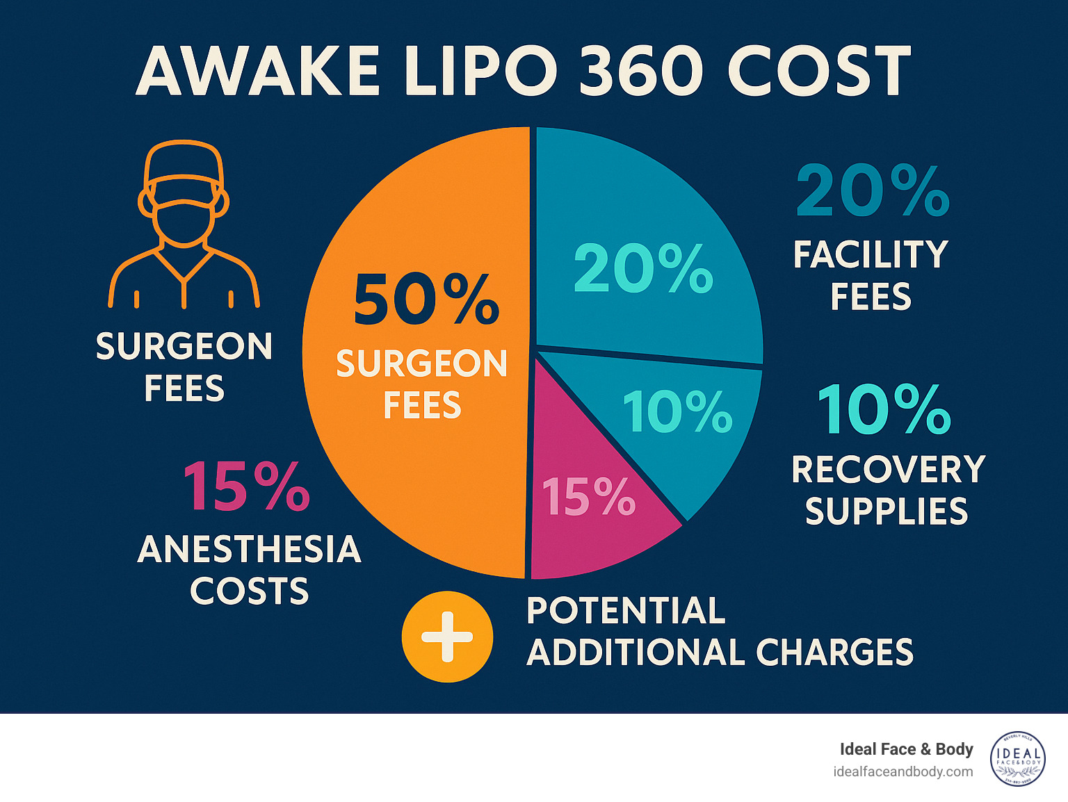 Detailed breakdown of awake lipo 360 cost components showing surgeon fees, facility fees, anesthesia costs, recovery supplies, and potential additional charges with approximate percentage of total cost for each component - awake lipo 360 cost infographic 
