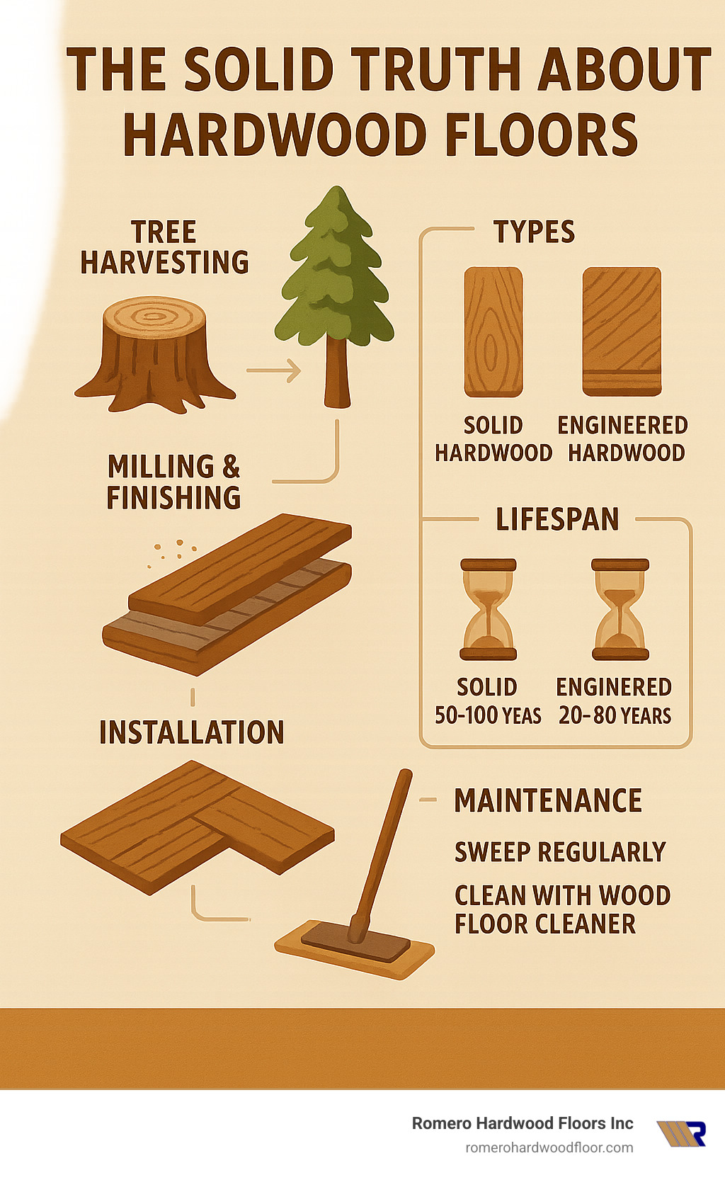Detailed infographic showing the lifecycle of hardwood flooring from tree harvesting to installation, including the differences between solid and engineered hardwood, average lifespan, and maintenance requirements - hardwood floor flooring infographic 