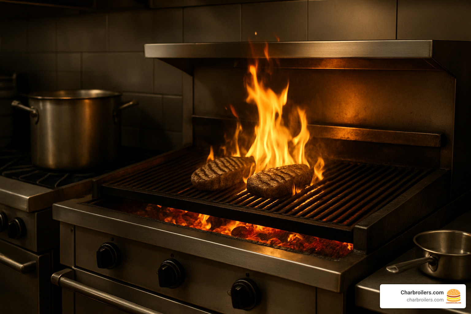 wood fired commercial charbroiler with flames - commercial charbroilers
