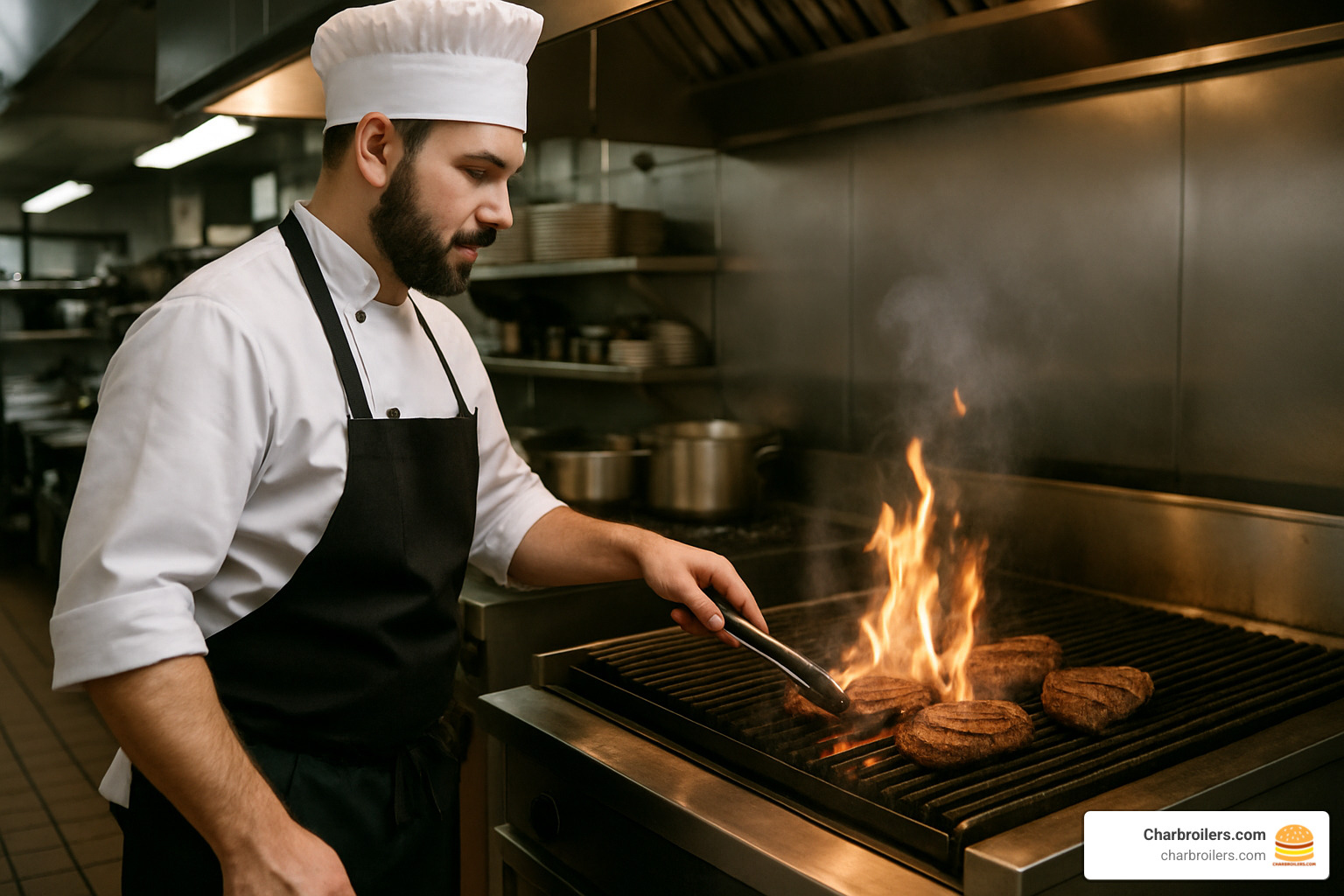 chef using commercial charbroiler in restaurant kitchen - commercial charbroilers