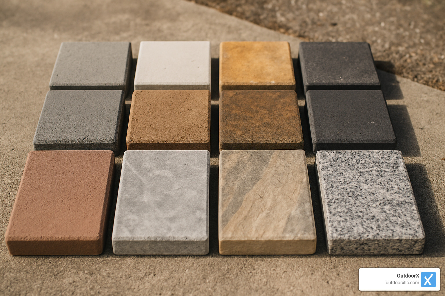 concrete porcelain and natural stone paver samples in various colors and textures - Driveway pavers Andover MA