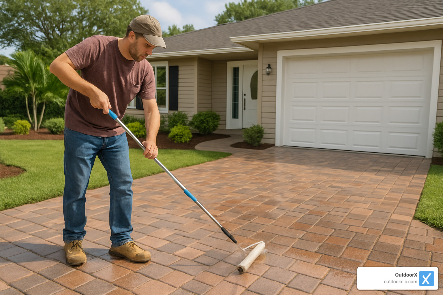 homeowner applying sealer to paver driveway - Driveway pavers Andover MA