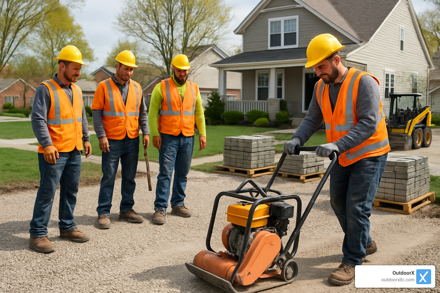 crew compacting crushed stone base for paver driveway installation - Driveway pavers Andover MA
